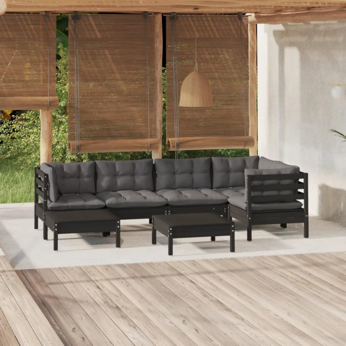 Muebles de jardín 7 pzas y cojines negro madera maciza de pino