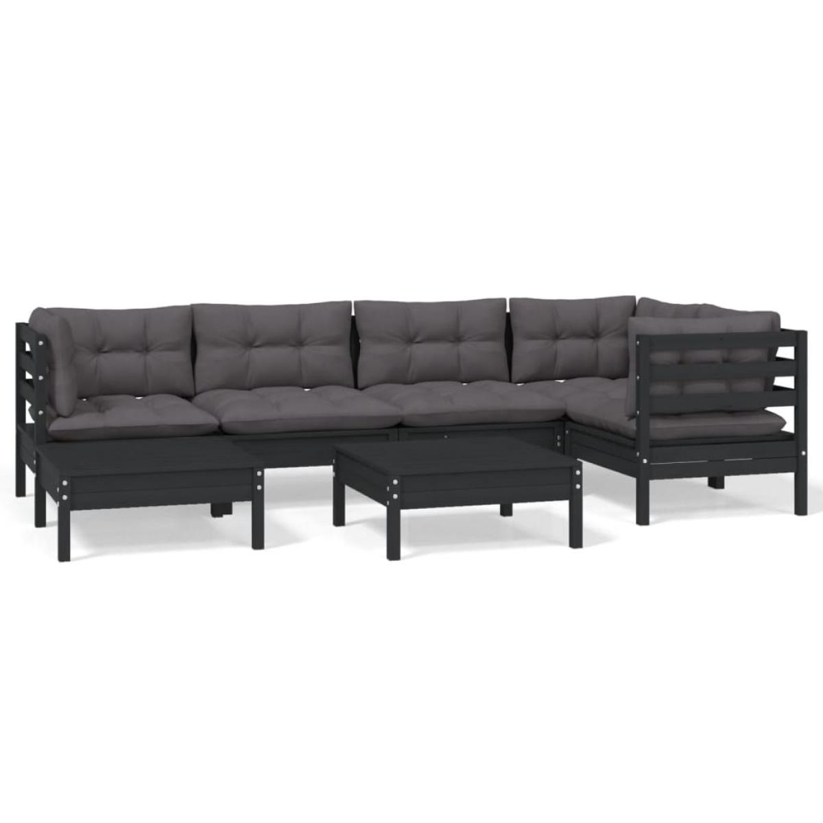 Muebles de jardín 7 pzas y cojines negro madera maciza de pino