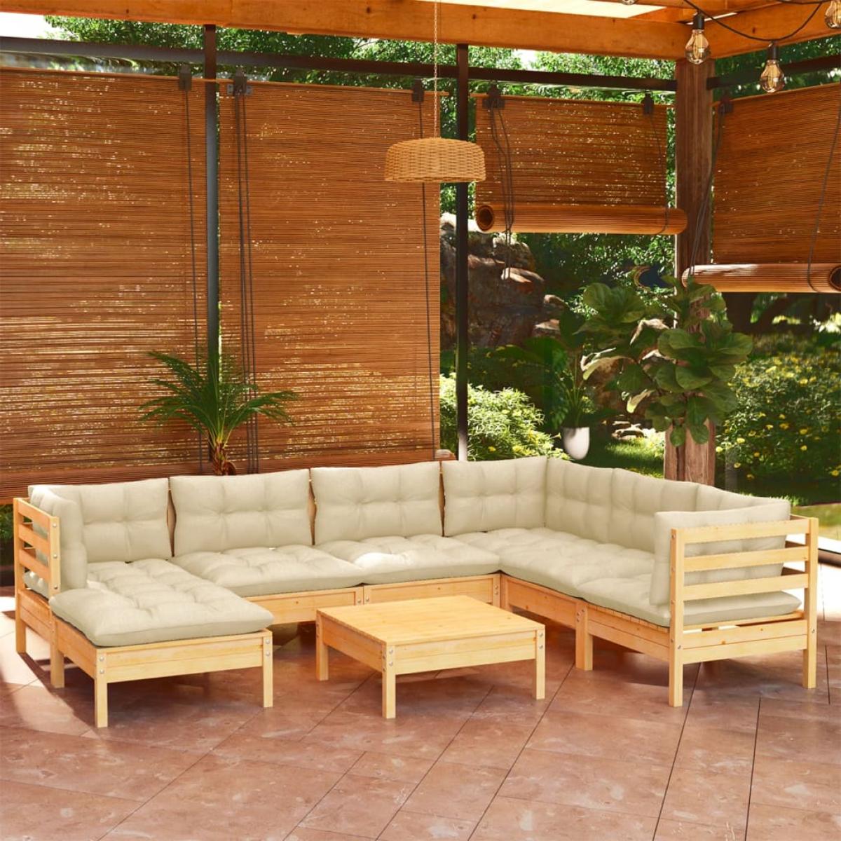 Muebles de jardín 8 pzas y cojines madera maciza de pino crema