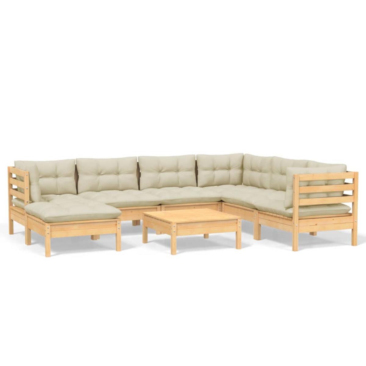 Muebles de jardín 8 pzas y cojines madera maciza de pino crema