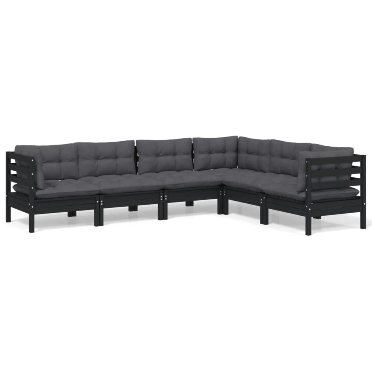 Muebles de jardín 6 pzas y cojines negro madera maciza de pino