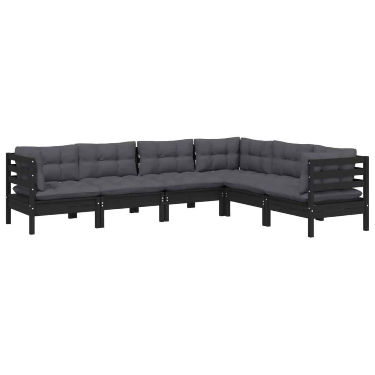Muebles de jardín 6 pzas y cojines negro madera maciza de pino