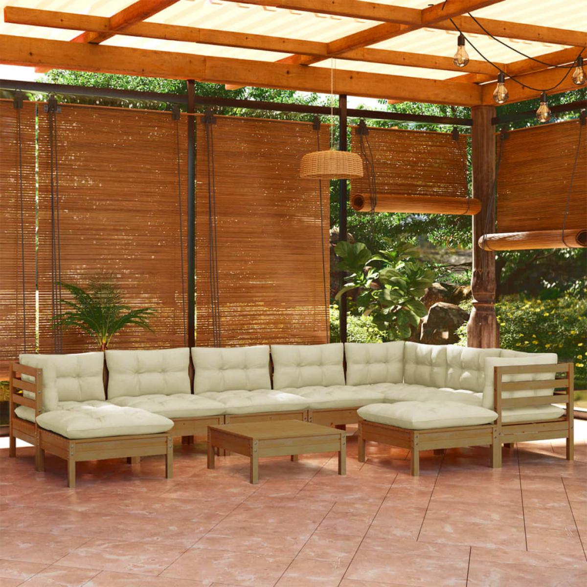 Muebles de jardín 10 pzas y cojines madera de pino marrón miel