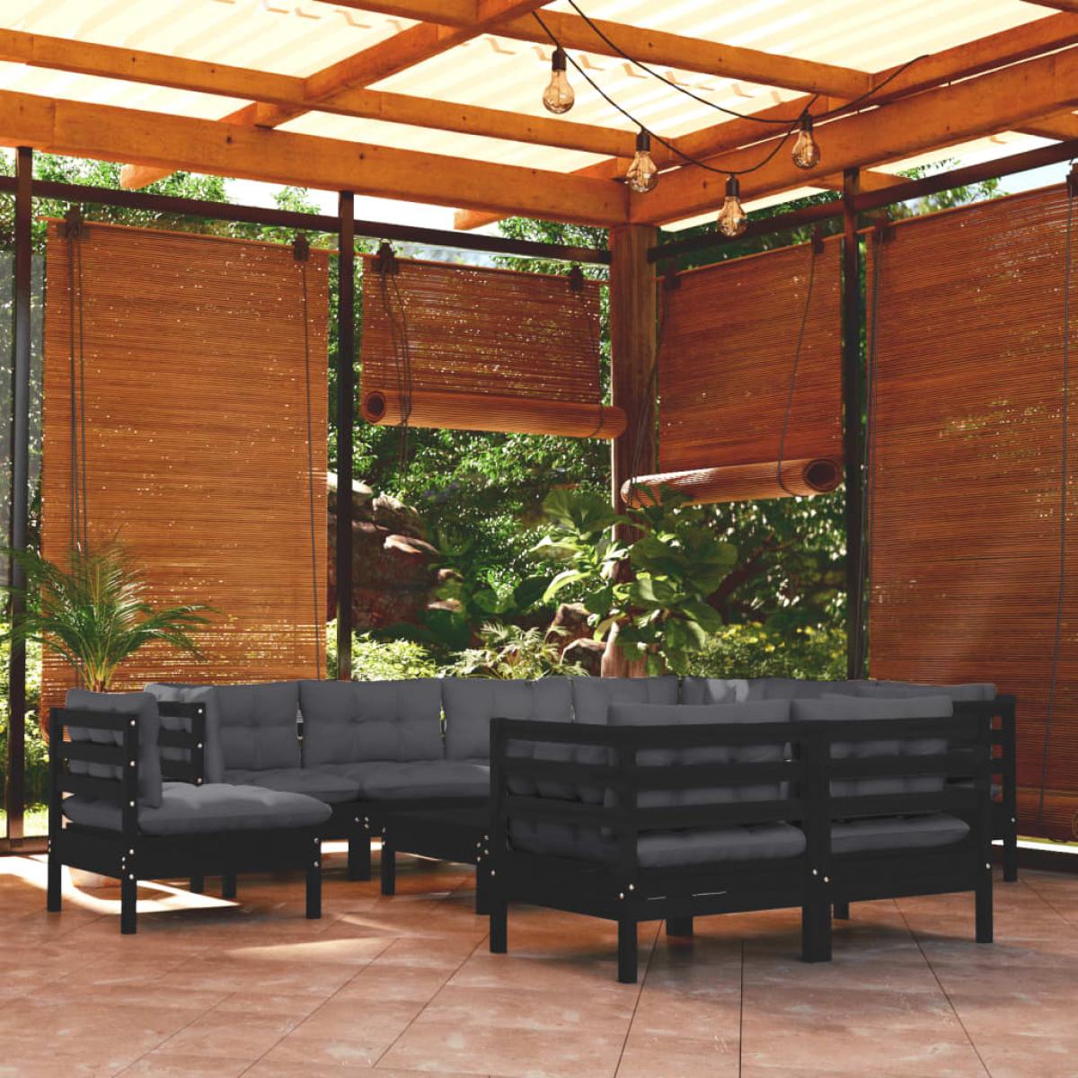 Muebles de jardín 10 pzas con cojines negro madera maciza pino