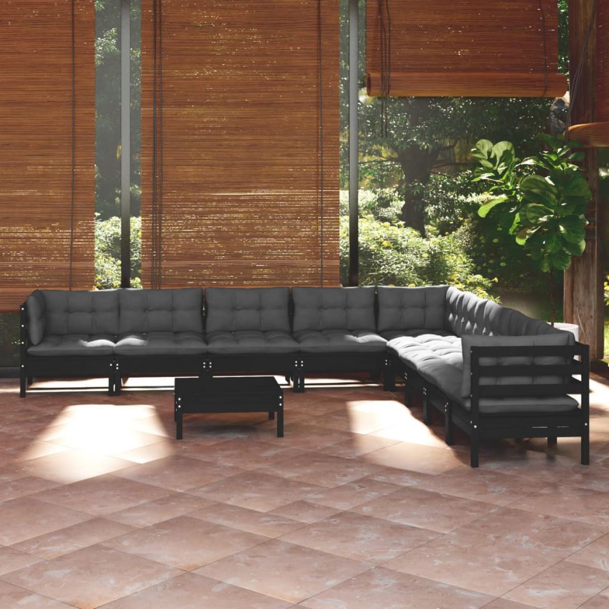 Muebles de jardín 10 pzas con cojines negro madera maciza pino
