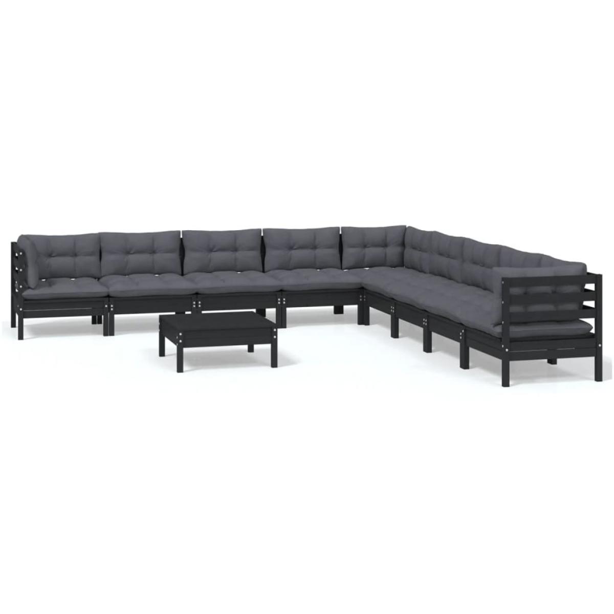 Muebles de jardín 10 pzas con cojines negro madera maciza pino