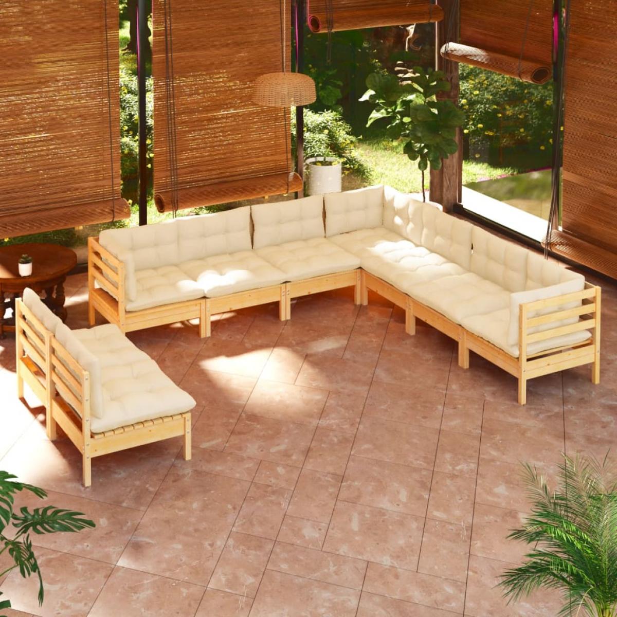Muebles de jardín 9 pzas y cojines madera maciza de pino crema