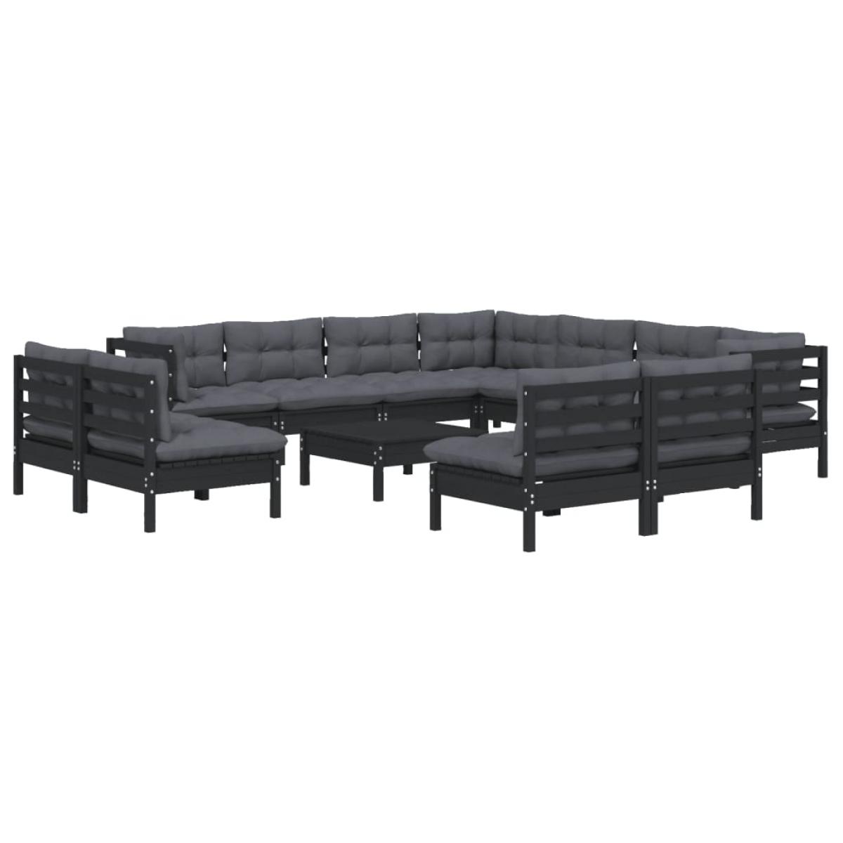 Muebles de jardín 12 pzas con cojines negro madera maciza pino