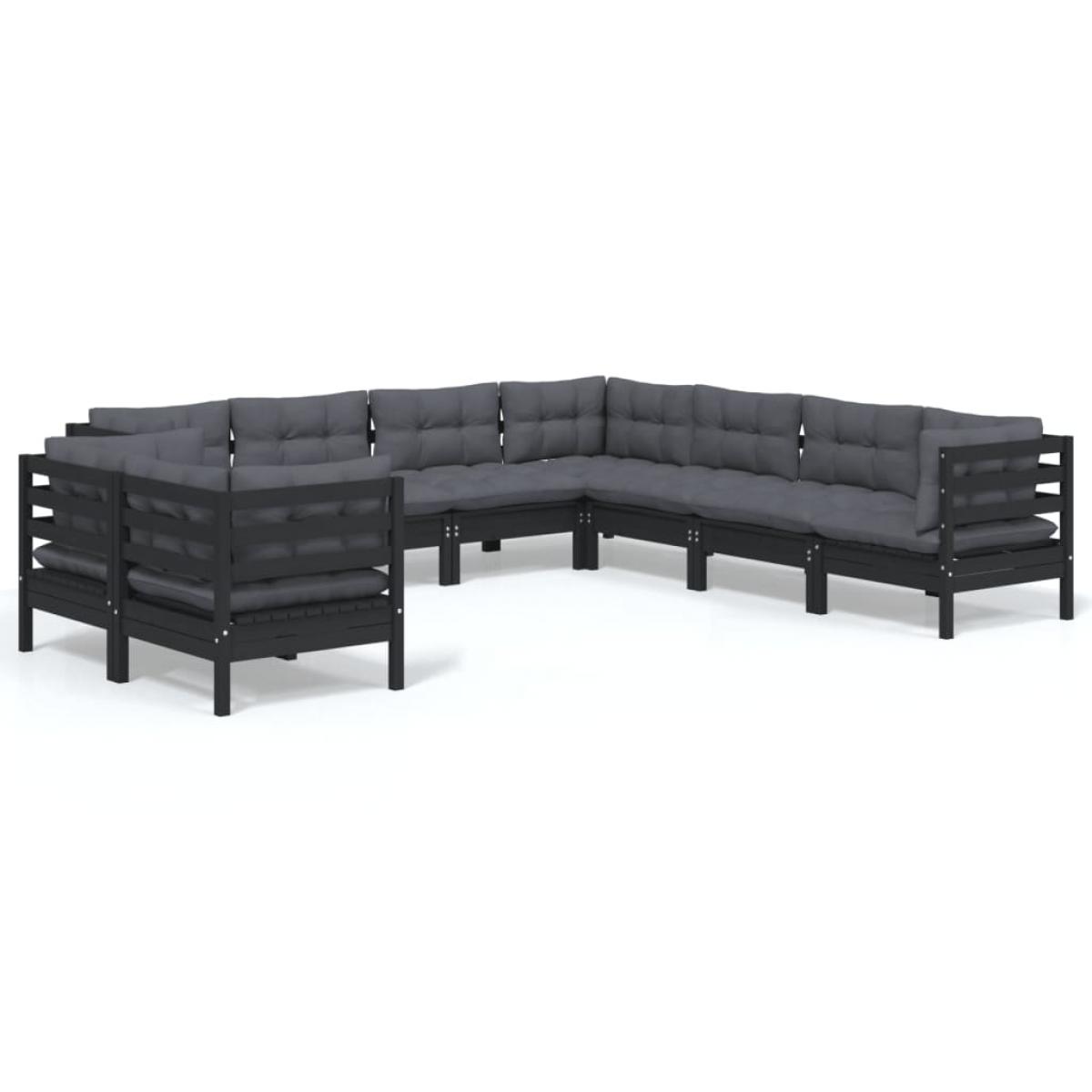 Muebles de jardín 9 pzas y cojines negro madera maciza de pino