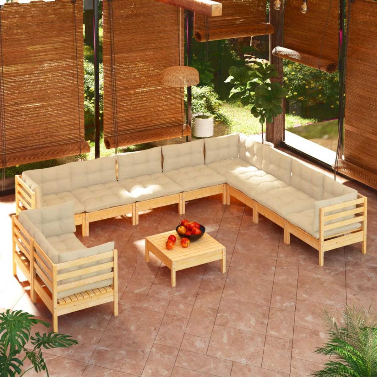 Muebles de jardín 11 pzas y cojines madera maciza de pino crema