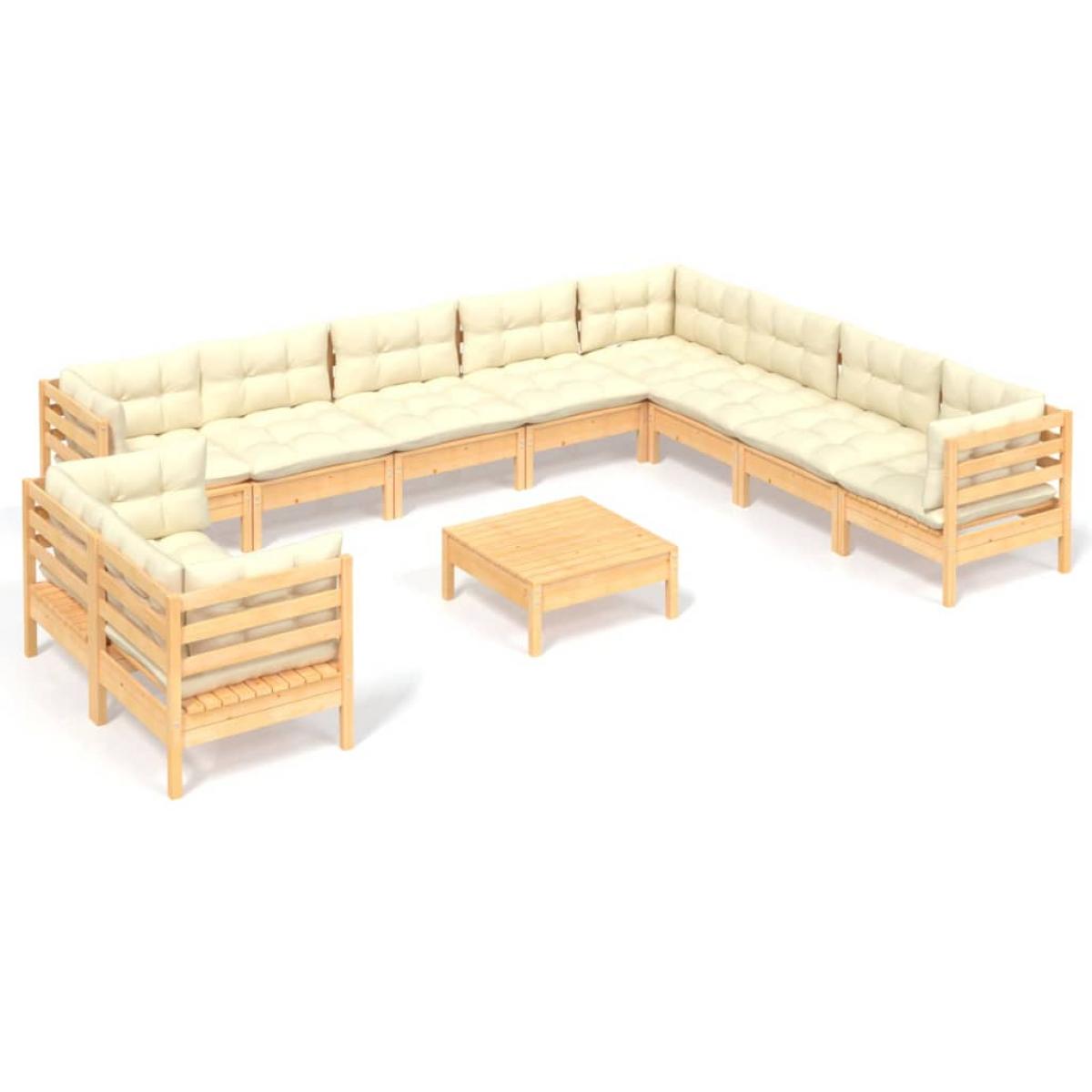 Muebles de jardín 11 pzas y cojines madera maciza de pino crema