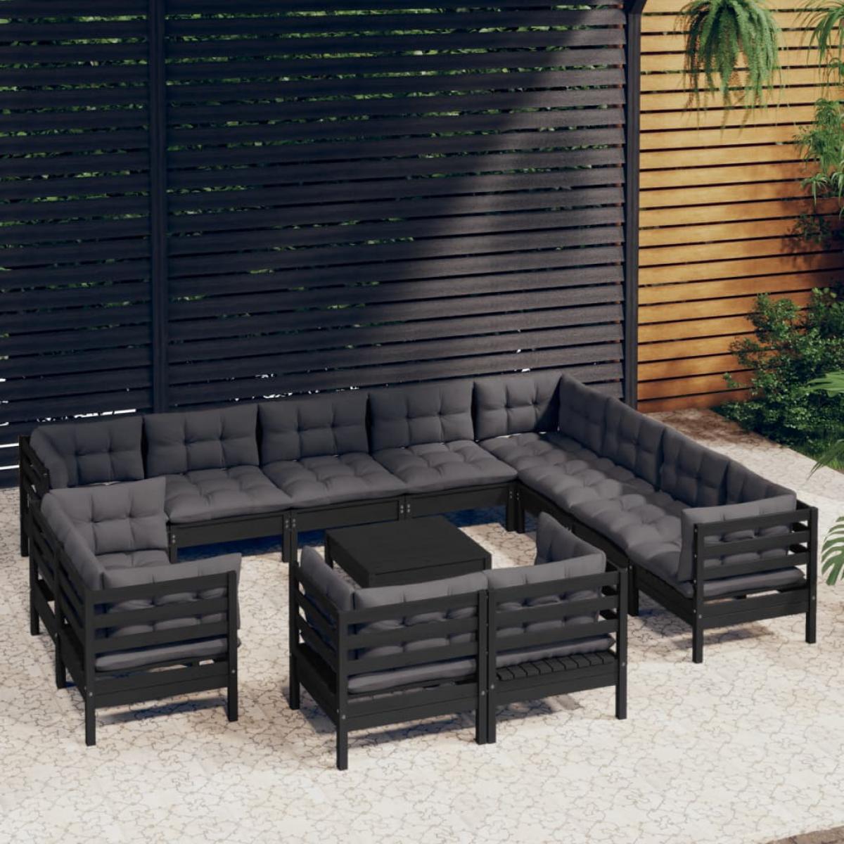 Muebles de jardín 13 pzas con cojines negro madera maciza pino