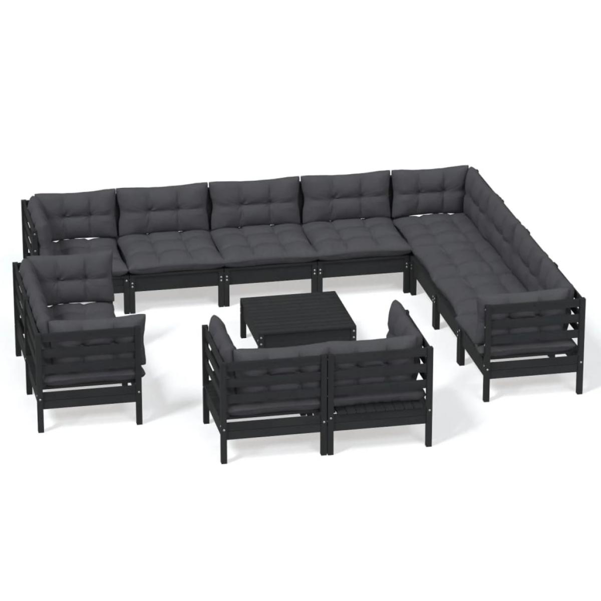 Muebles de jardín 13 pzas con cojines negro madera maciza pino