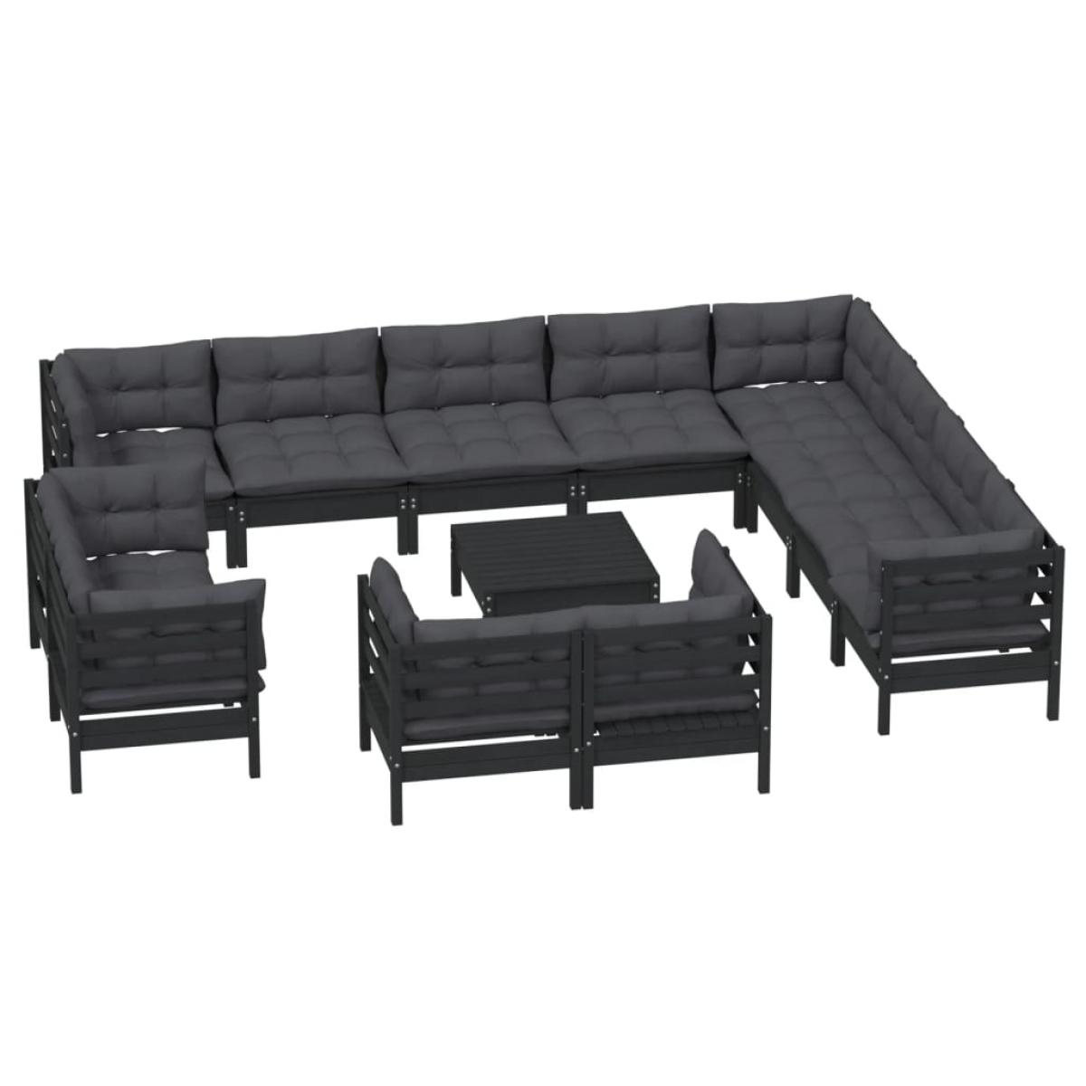 Muebles de jardín 13 pzas con cojines negro madera maciza pino