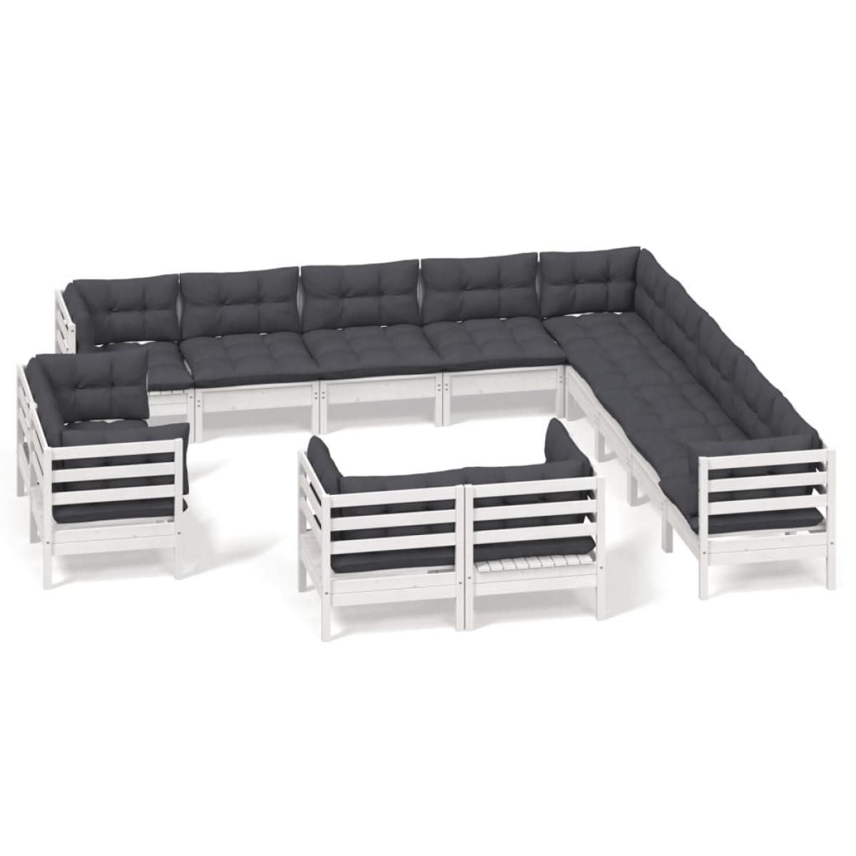 Muebles de jardín 13 pzas y cojines blanco madera maciza pino