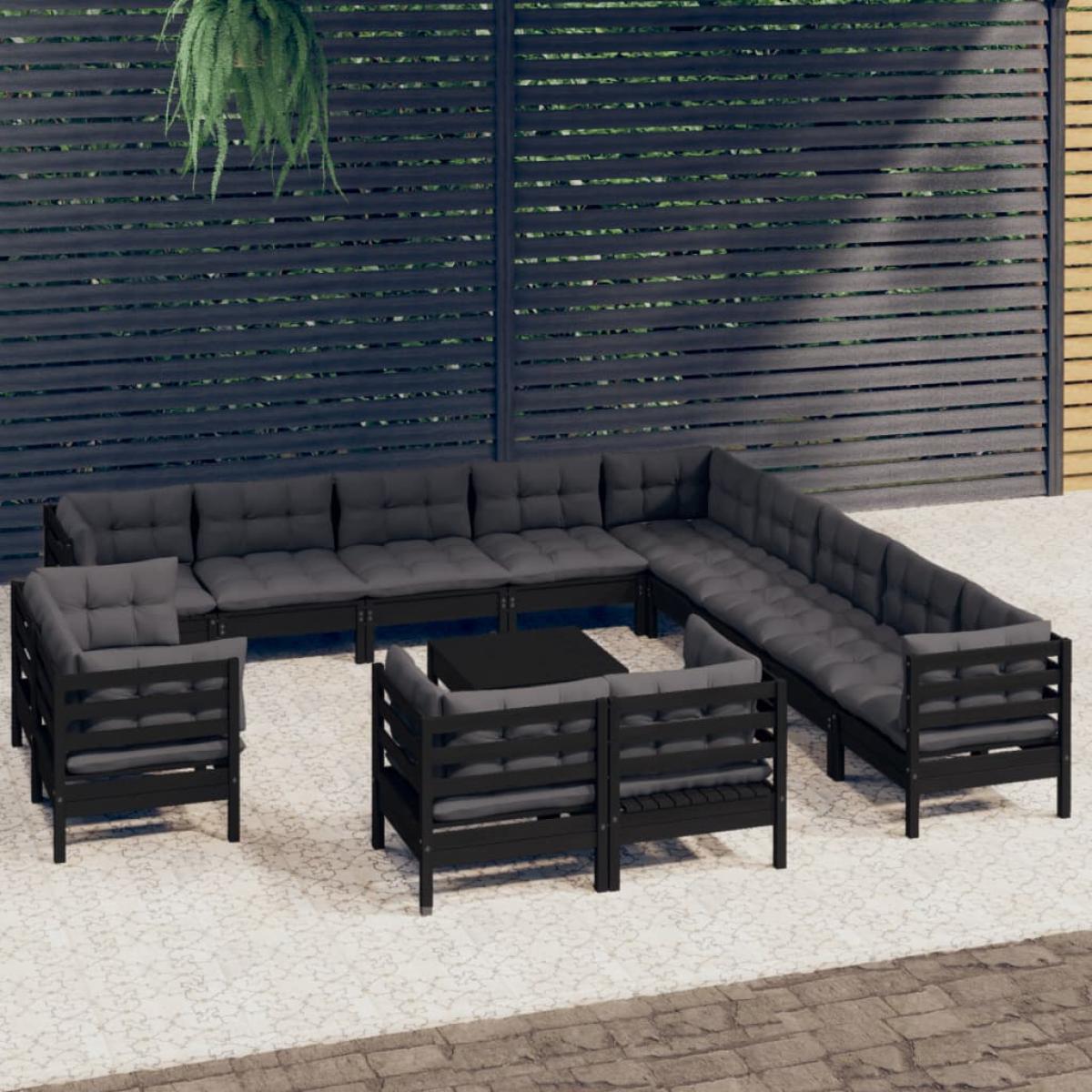 Muebles de jardín 14 pzas con cojines negro madera maciza pino