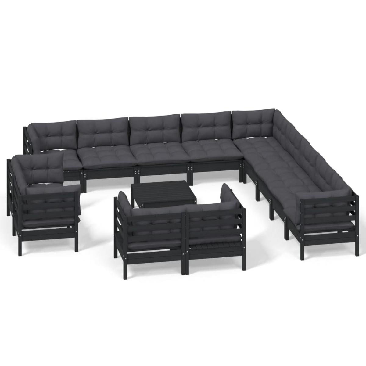 Muebles de jardín 14 pzas con cojines negro madera maciza pino
