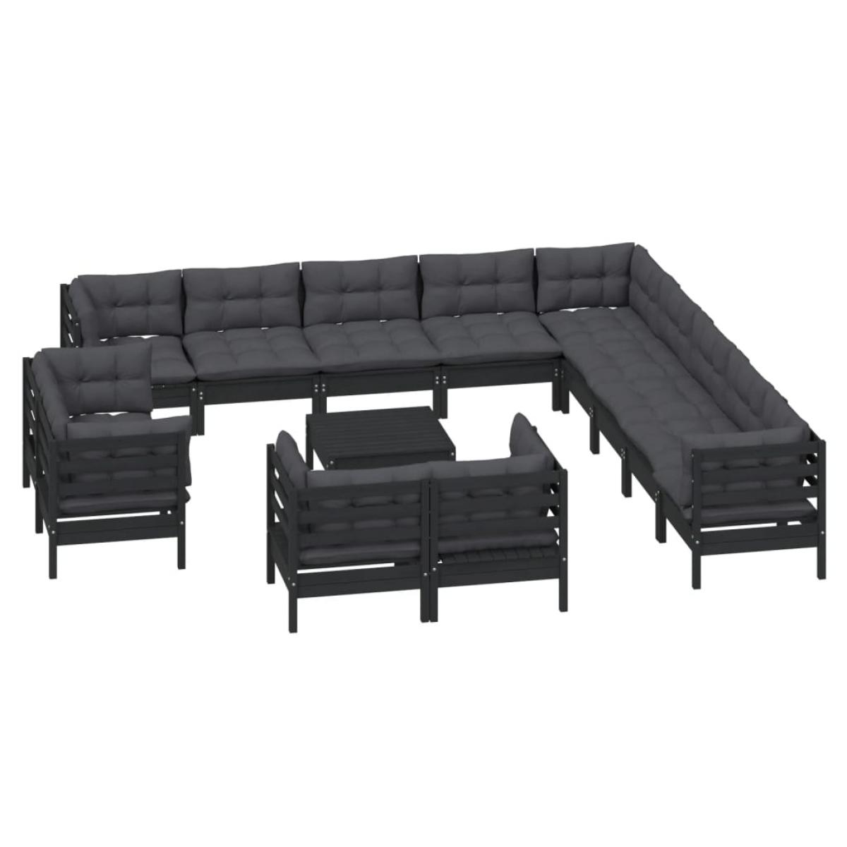 Muebles de jardín 14 pzas con cojines negro madera maciza pino