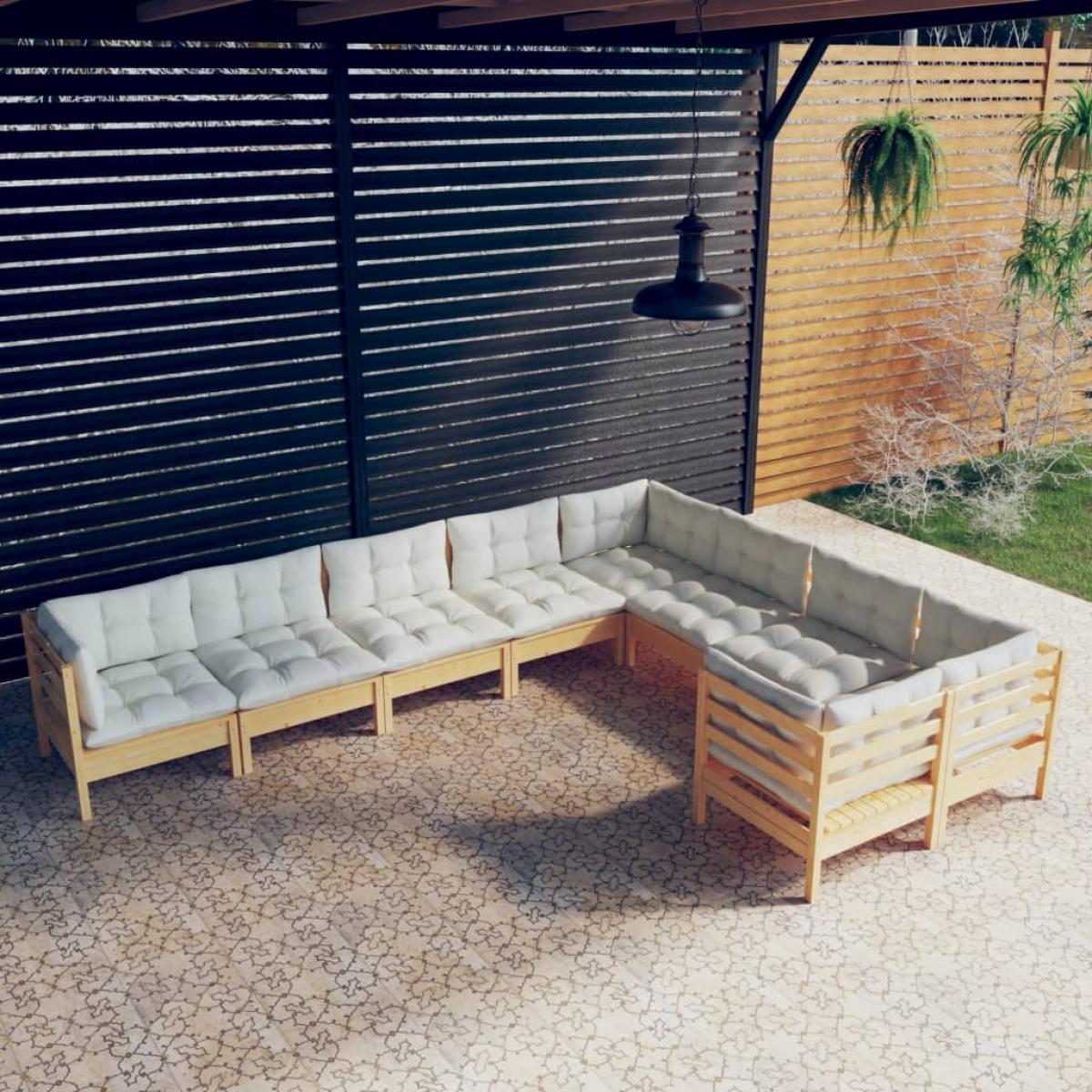 Muebles de jardín 9 piezas y cojines madera de pino crema