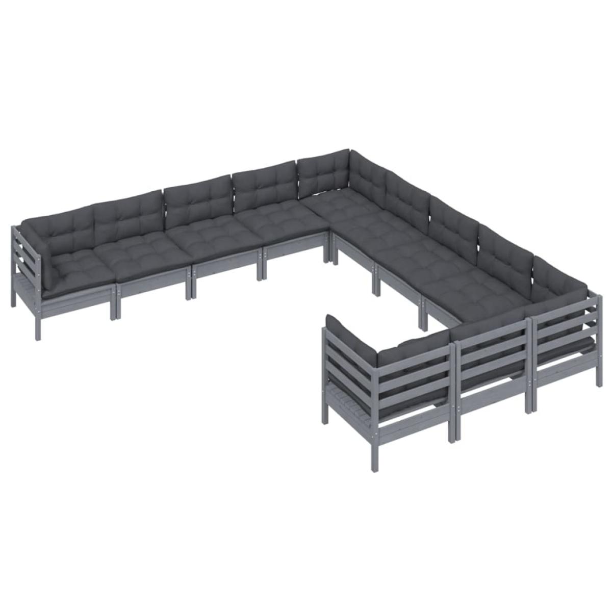 Muebles de jardín 11 pzas y cojines gris madera de pino
