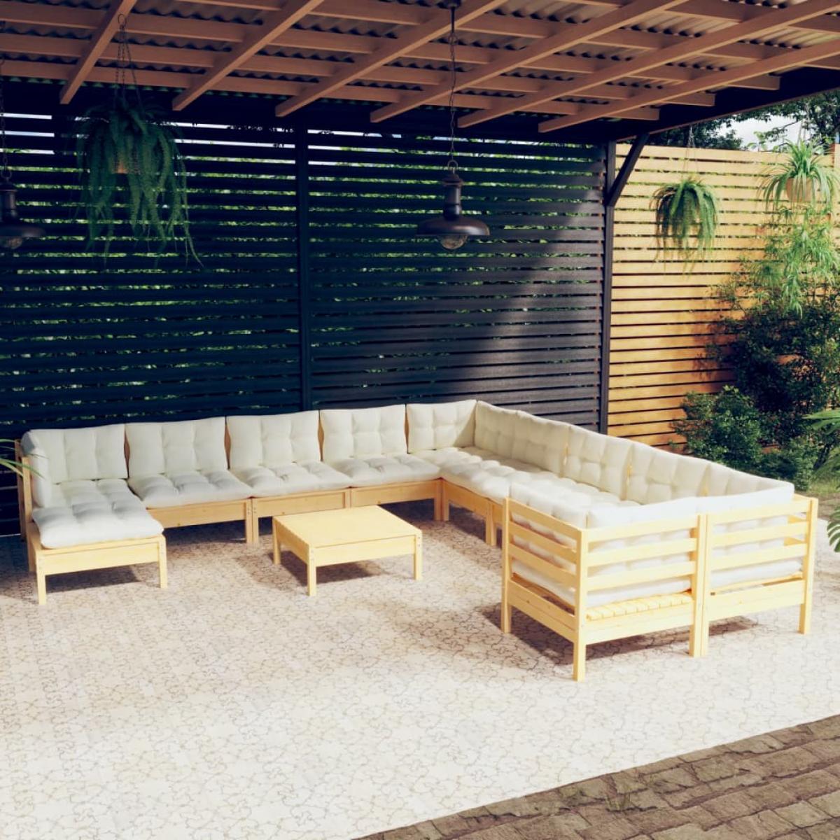 Muebles de jardín 10 pzas y cojines madera de pino crema