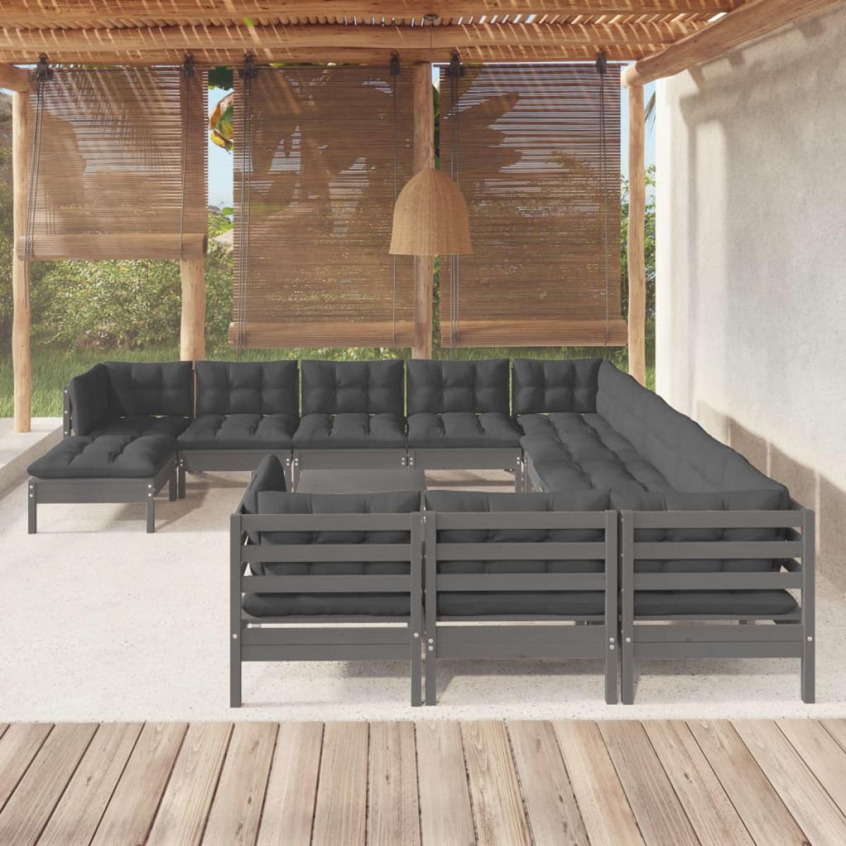 Juego de muebles de jardín 13 pzas y cojines madera pino gris