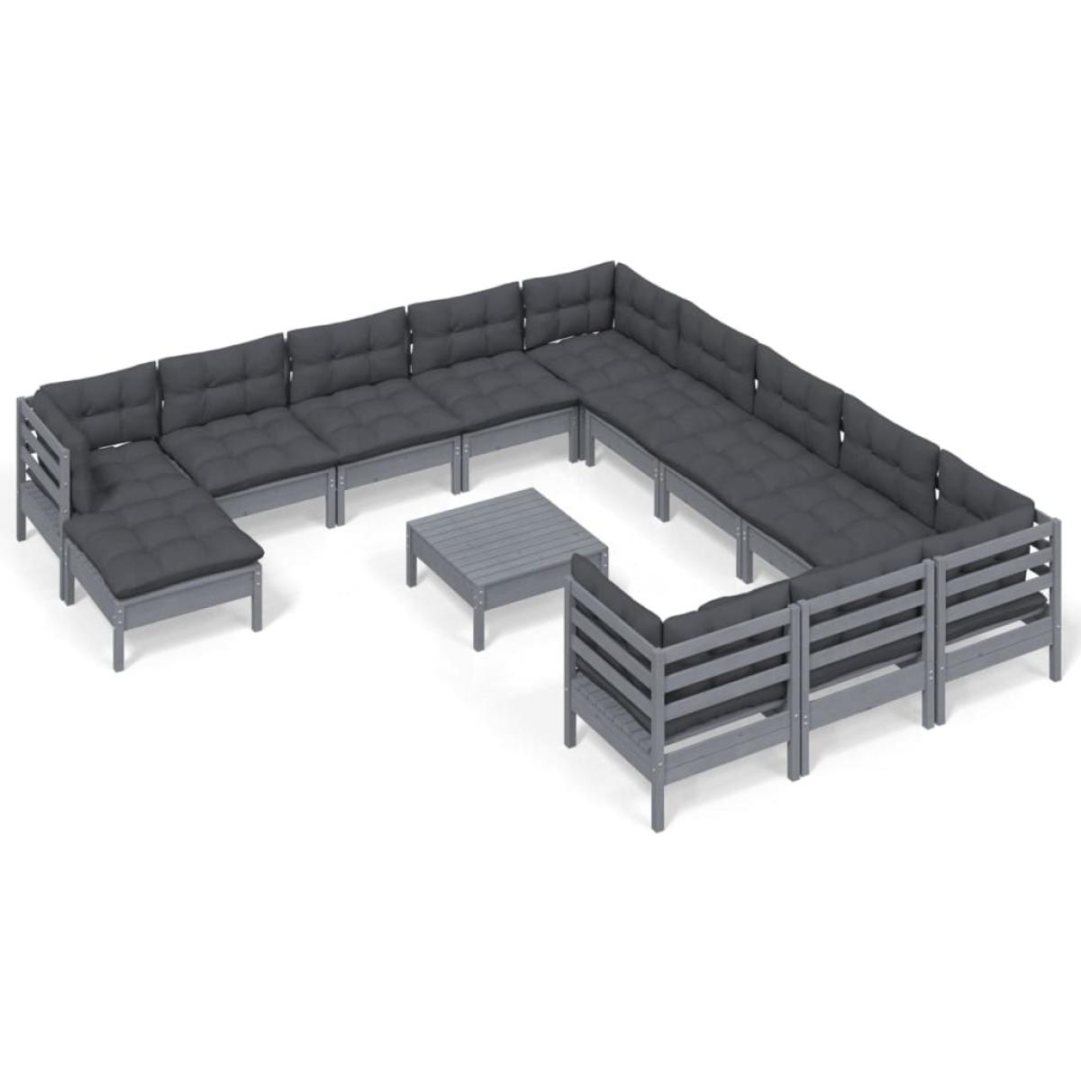 Juego de muebles de jardín 13 pzas y cojines madera pino gris