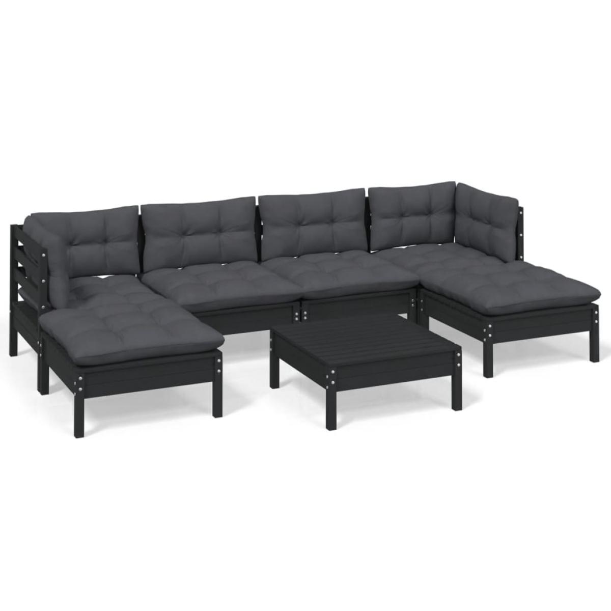 Muebles de jardín 7 pzas con cojines negro madera de pino