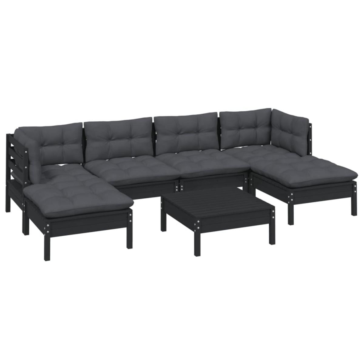 Muebles de jardín 7 pzas con cojines negro madera de pino