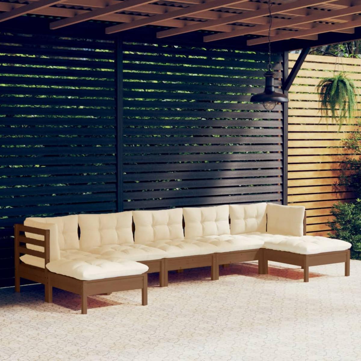 Muebles de jardín 7 pzas y cojines madera de pino marrón miel