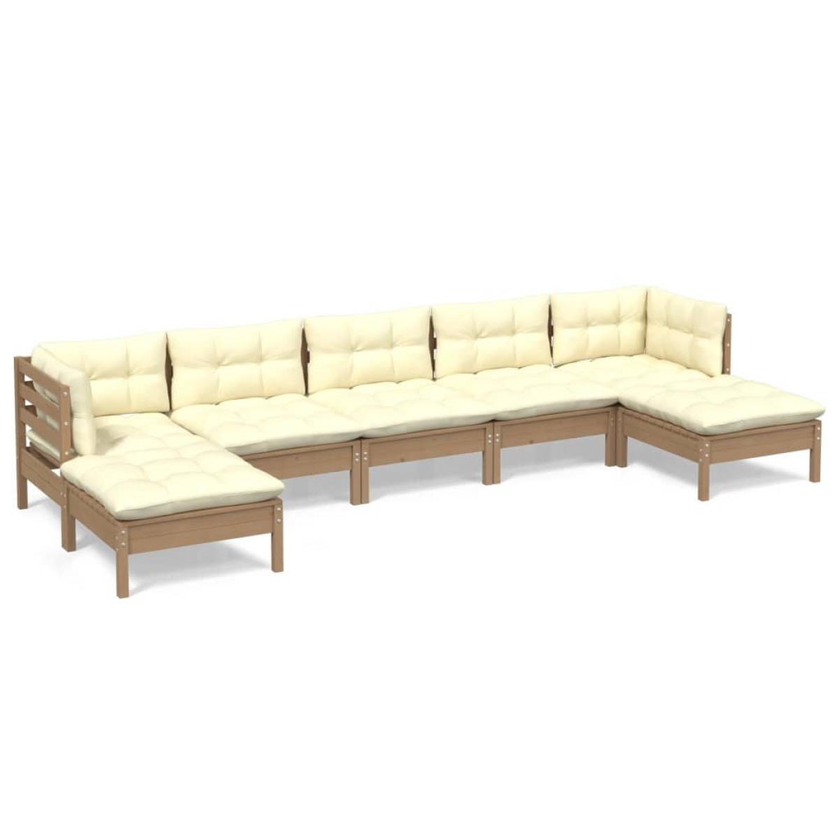 Muebles de jardín 7 pzas y cojines madera de pino marrón miel