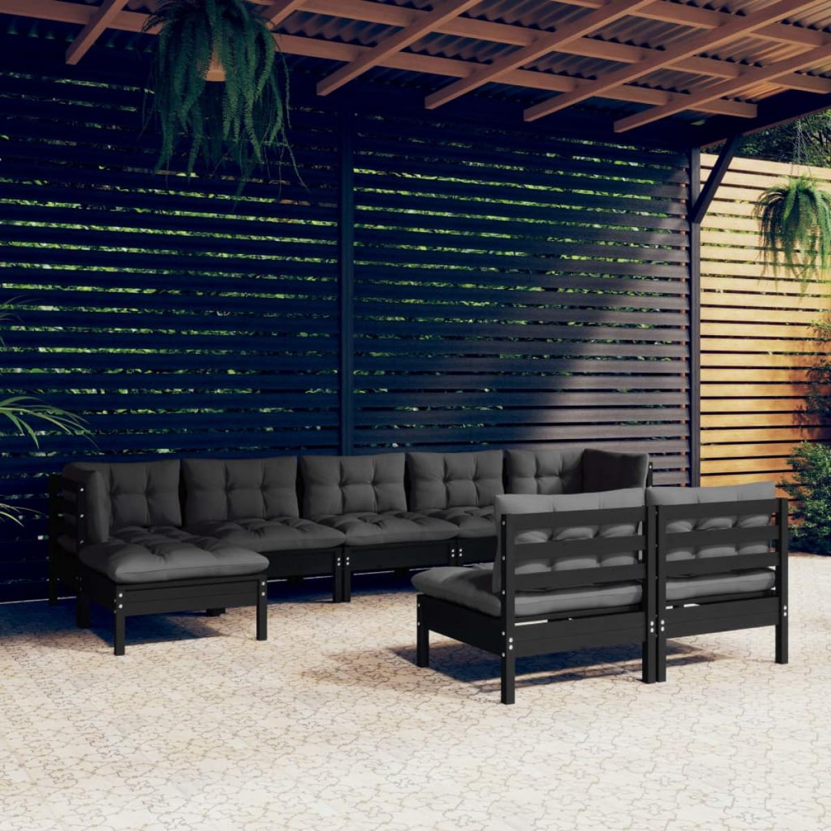 Muebles de jardín 9 pzas con cojines negro madera de pino