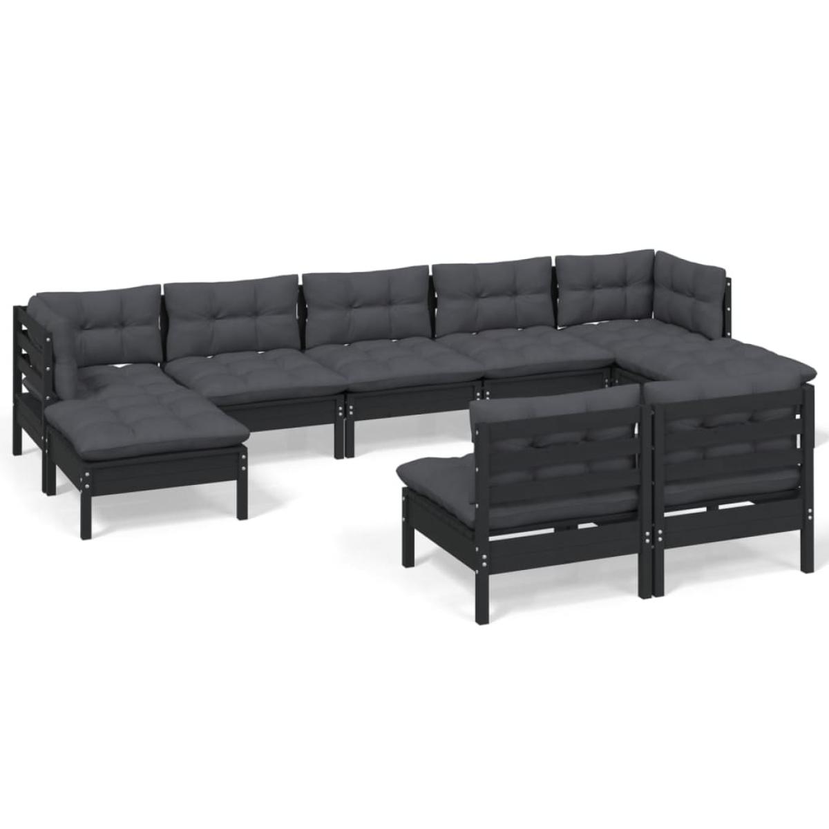 Muebles de jardín 9 pzas con cojines negro madera de pino