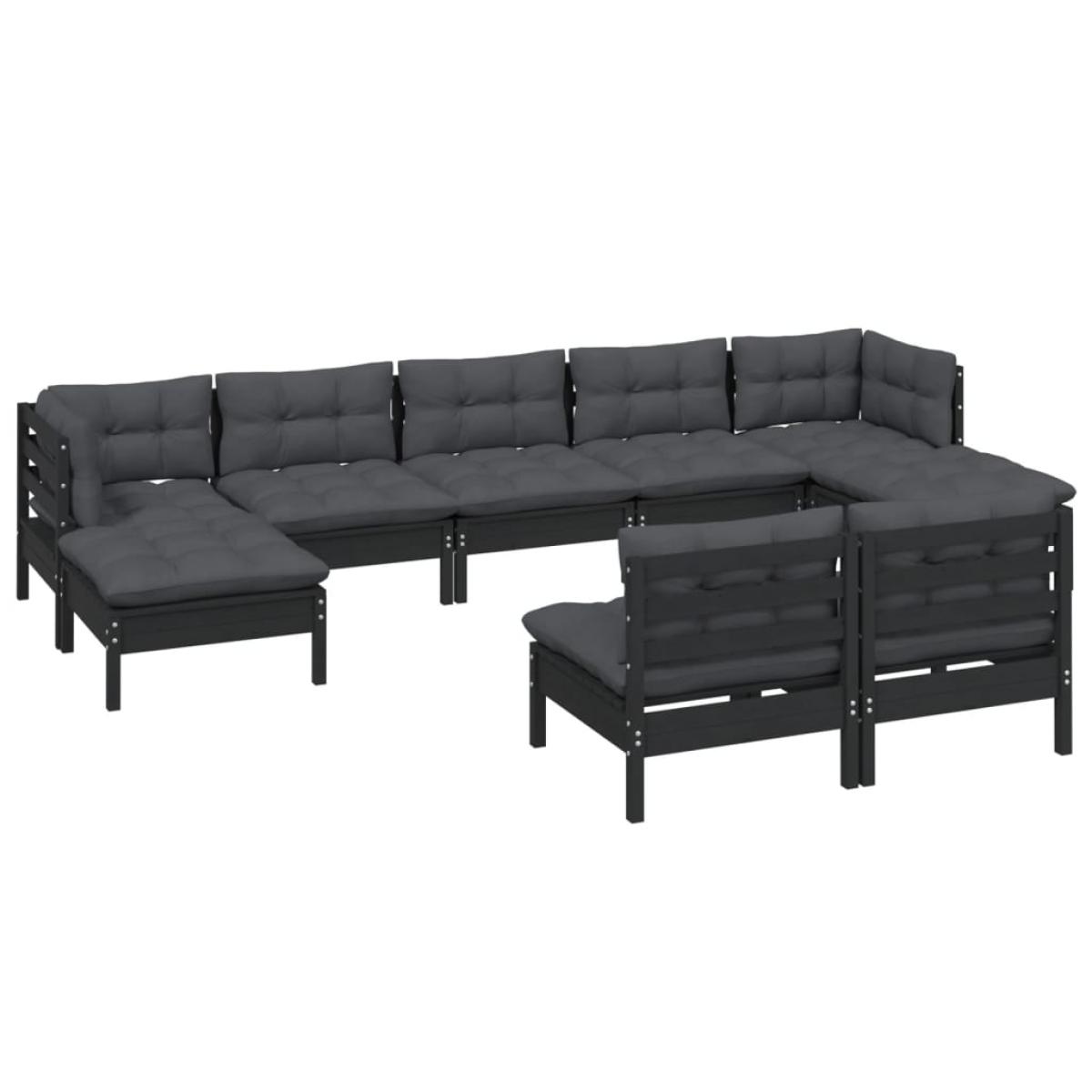 Muebles de jardín 9 pzas con cojines negro madera de pino