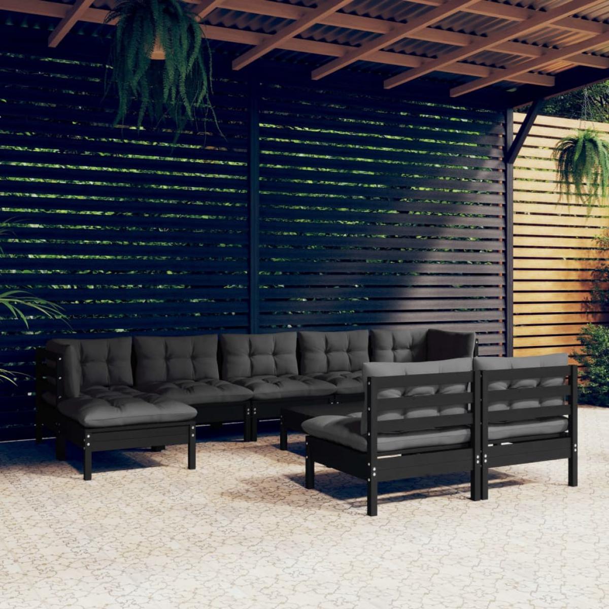 Muebles de jardín 10 pzas con cojines negro madera de pino