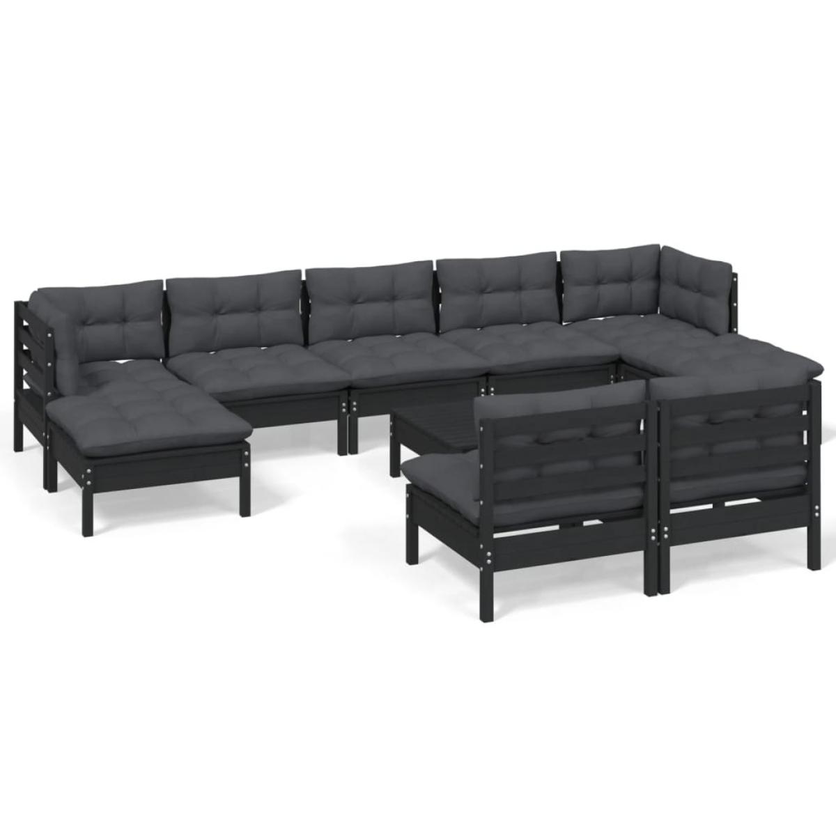 Muebles de jardín 10 pzas con cojines negro madera de pino
