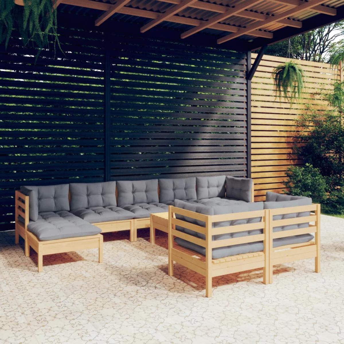 Juego de muebles de jardín 10 pzas y cojines madera maciza pino