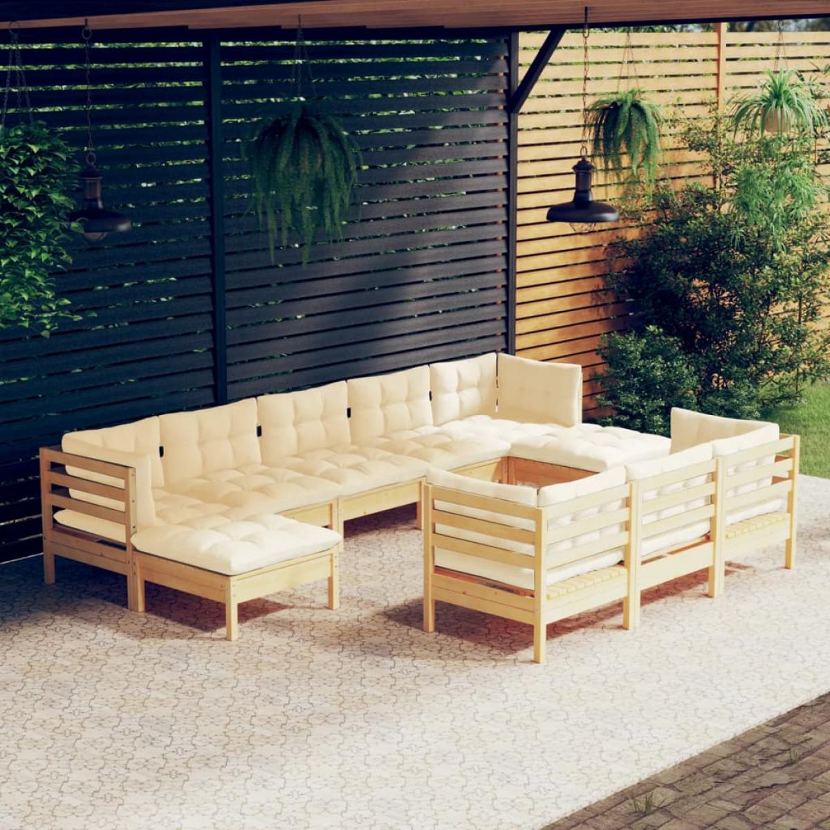 Muebles de jardín 10 pzas y cojines madera maciza de pino crema