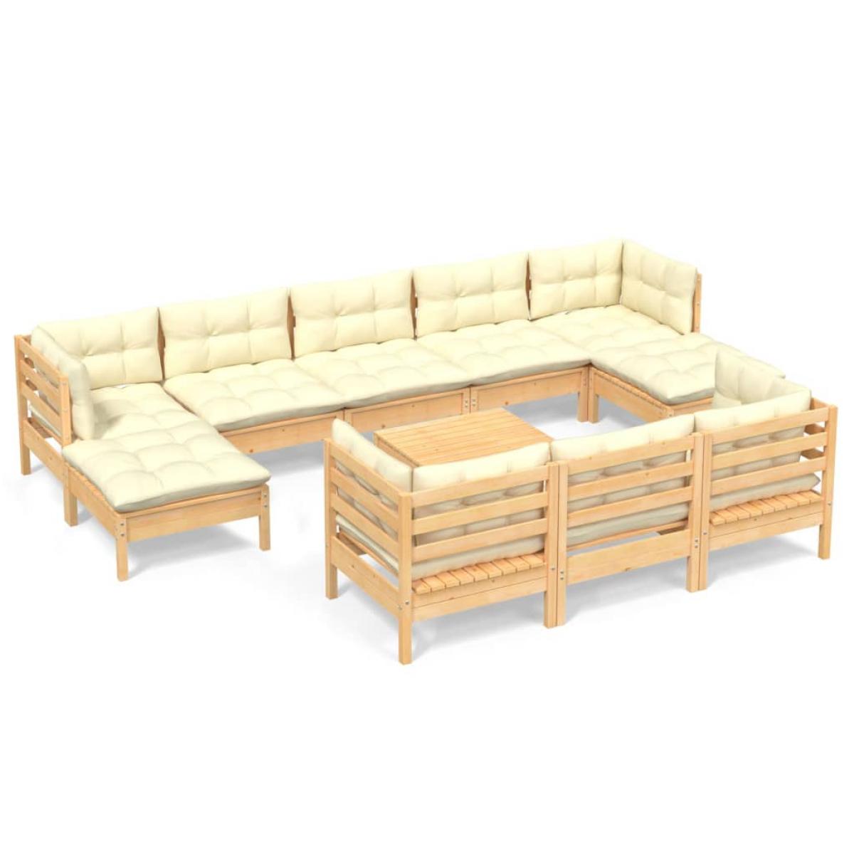 Muebles de jardín 11 pzas y cojines madera maciza de pino crema