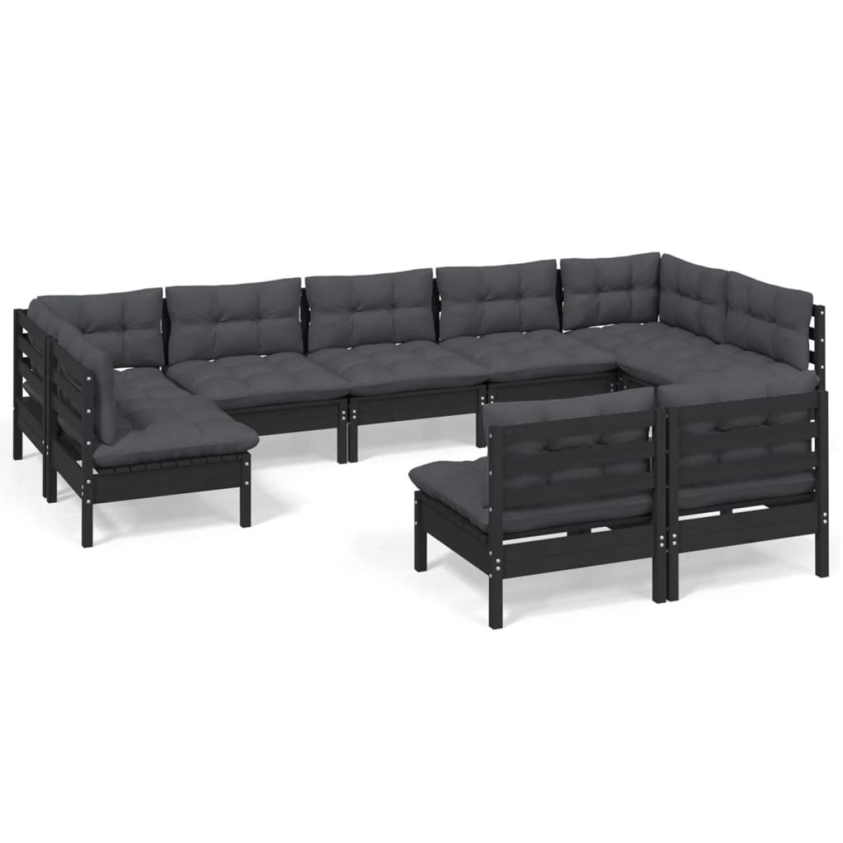 Muebles de jardín 9 pzas y cojines negro madera maciza de pino