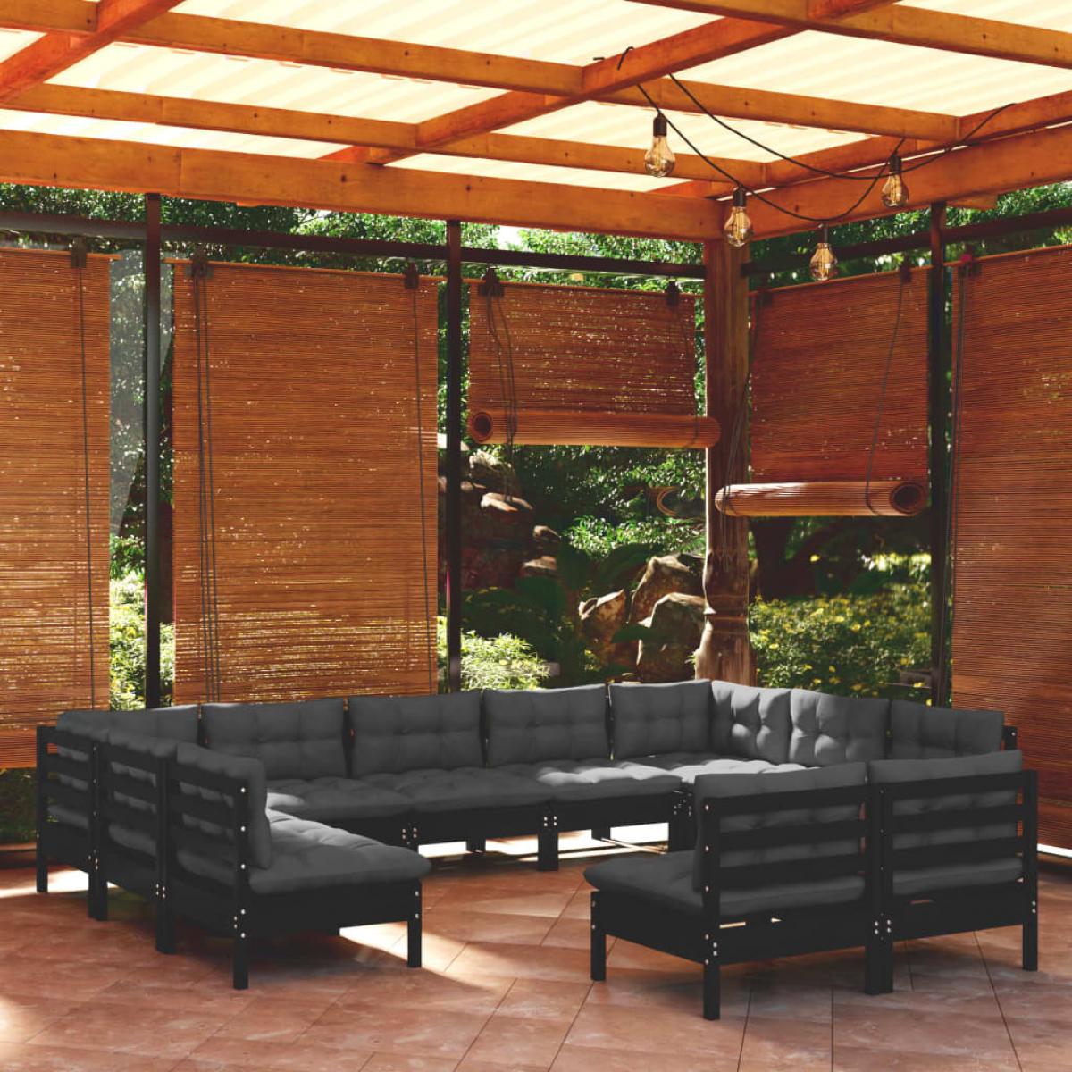 Muebles de jardín 11 pzas y cojines negro madera maciza de pino