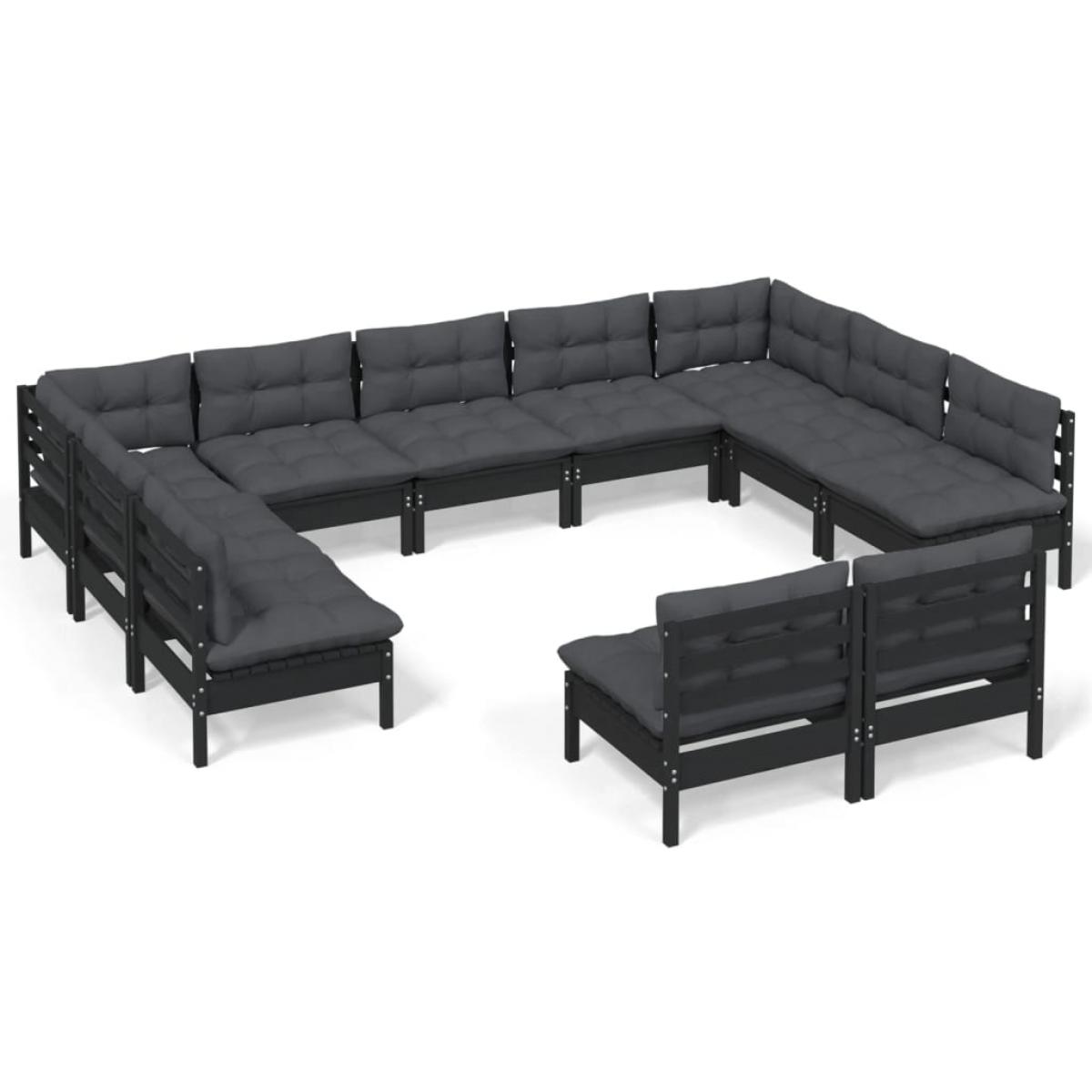 Muebles de jardín 11 pzas y cojines negro madera maciza de pino