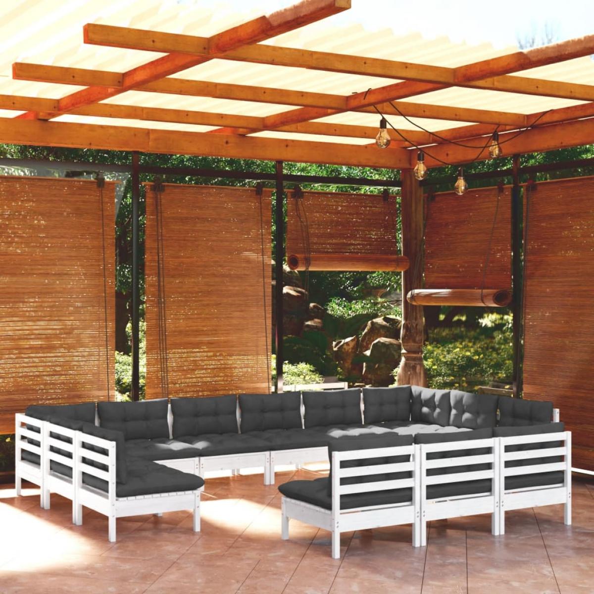 Muebles de jardín 13 pzas y cojines blanco madera maciza pino