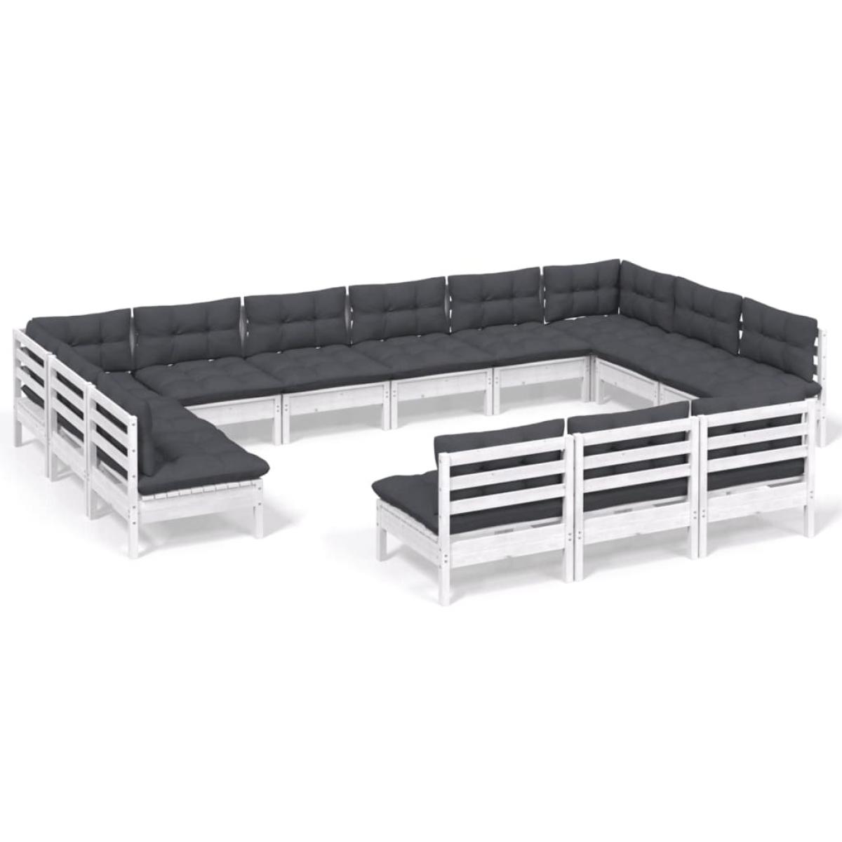 Muebles de jardín 13 pzas y cojines blanco madera maciza pino