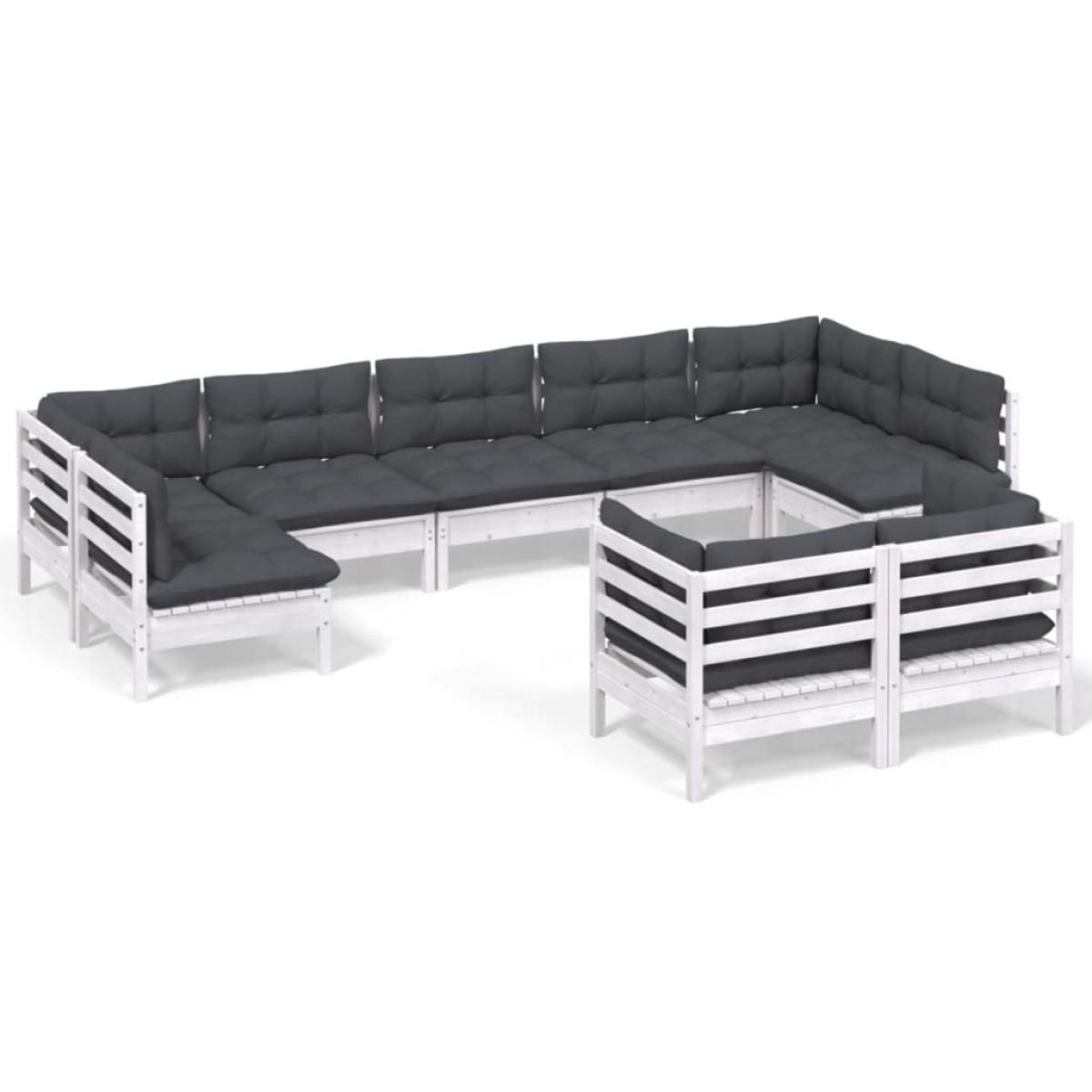 Muebles de jardín 9 pzas y cojines blanco madera maciza de pino