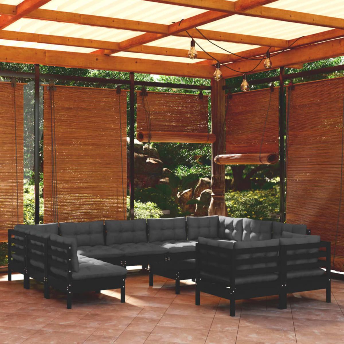 Muebles de jardín 12 pzas con cojines negro madera maciza pino