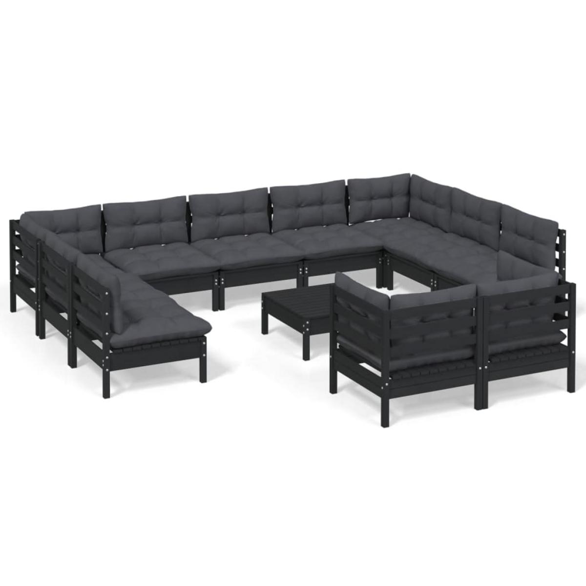 Muebles de jardín 12 pzas con cojines negro madera maciza pino