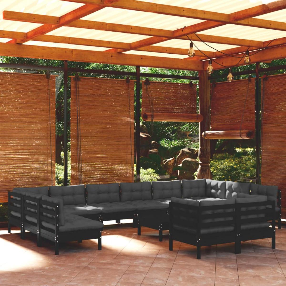 Muebles de jardín 13 pzas con cojines negro madera de pino