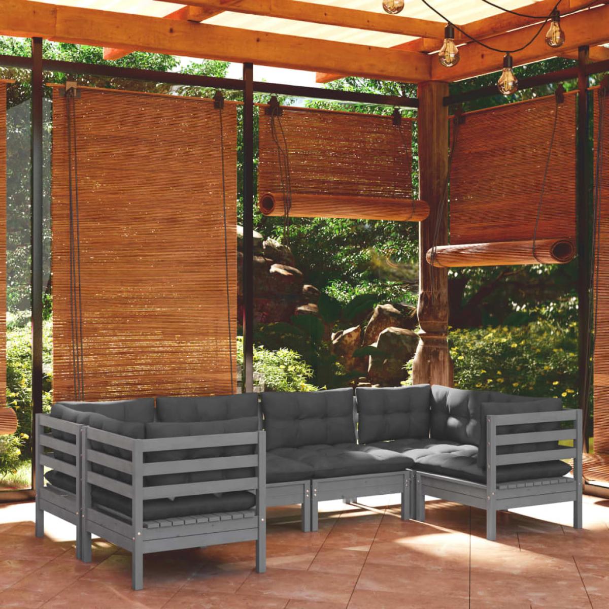 Juego de muebles de jardín 6 pzas y cojines madera pino gris
