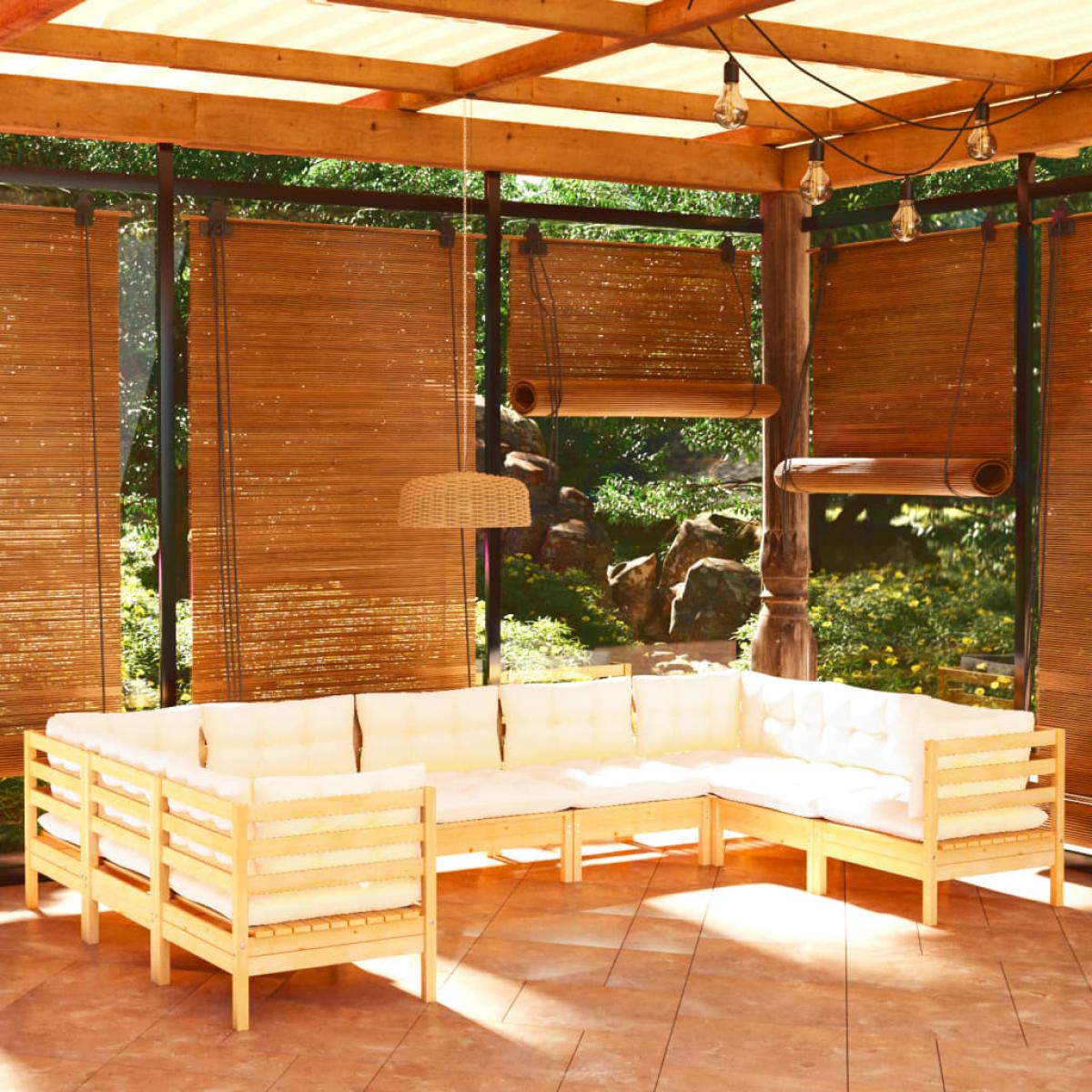 Muebles de jardín 9 piezas cojines madera de pino color crema